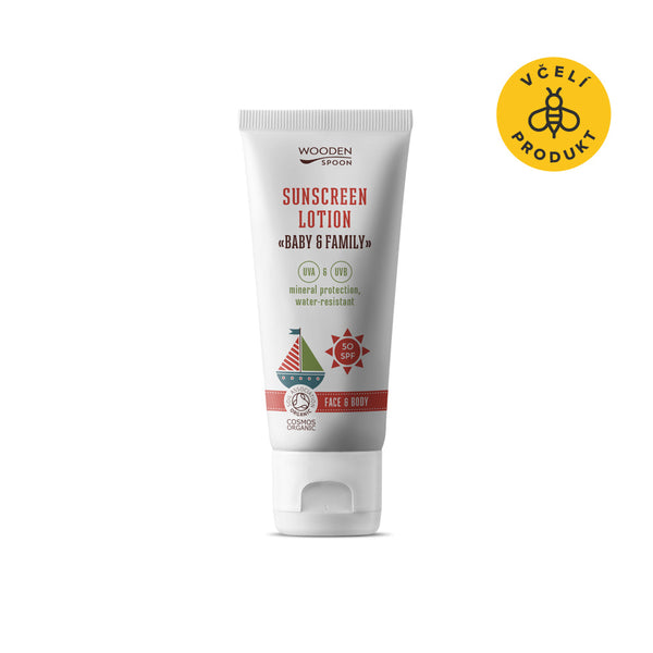 Wooden Spoon Opalovací tělové mléko v tubě Baby & Family SPF 50 BIO